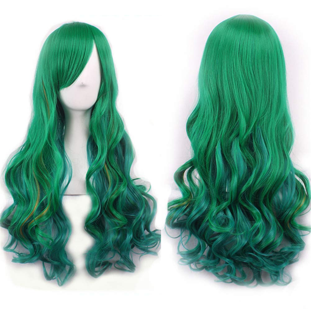 Sharebeauty 27" Womens Long Wavy Synthetic Wig Anime Cosplay Halloween Costume Party Wig Green with Highlights