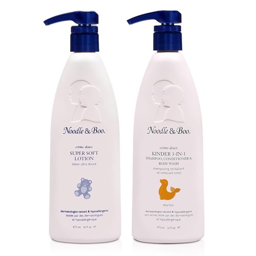 Noodle & Boo 2 Piece Bundle Super Soft Moisturizing Lotion for Daily Baby Care, 16 Fl Oz Kinder 3-in-1 Shampoo, Conditioner & Body Wash for Baby, 16 Fl Oz.