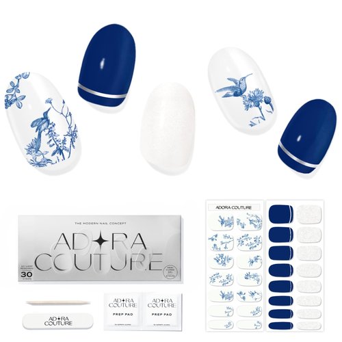 Adora Couture Semi Cured Gel Nail Strips with 30 Pieces, Salon Quality Nail Wraps for Women, Classic Blue Porcelain with White Glaze UV Gel Nail Stickers, UV Light Required, Porcelain
