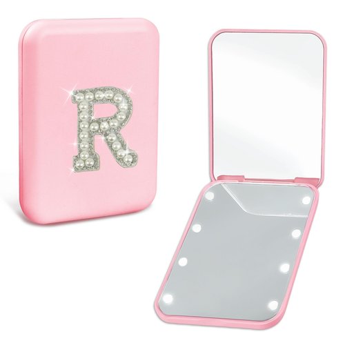 Aganmi Teacher Gifts LED Mini Travel Makeup Mirror Pearl Initial 1X/2X Magnification 2-Sided Compact Mirror with Lights for Purses Birthday Gift Teacher Appreciation Gifts for Women Teen Girls (R)