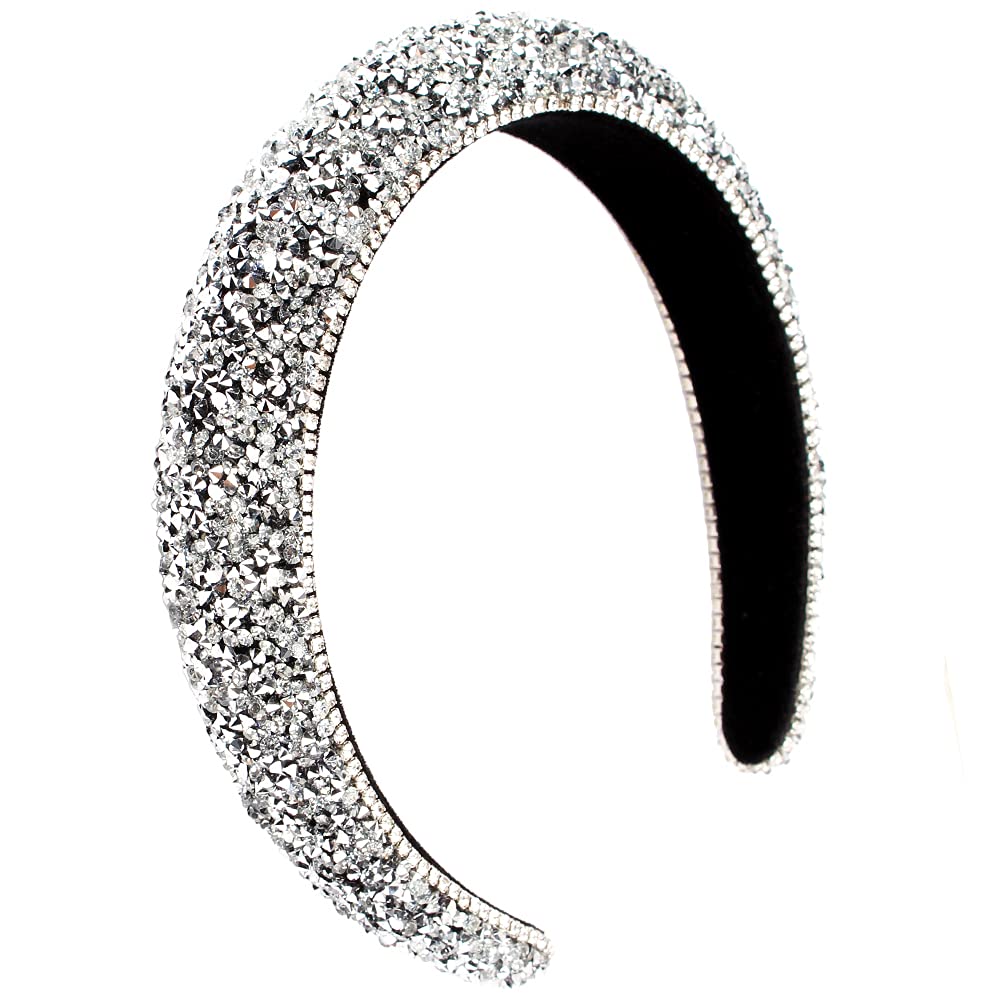 FASOTY Rhinestone Headband Women Fashion Handmade Silver Headband Crystal Diamond Bling Headbands Hair Hoops Padded Headband Glitter Beaded Jeweled Hairband Sparkle Hair Accessories