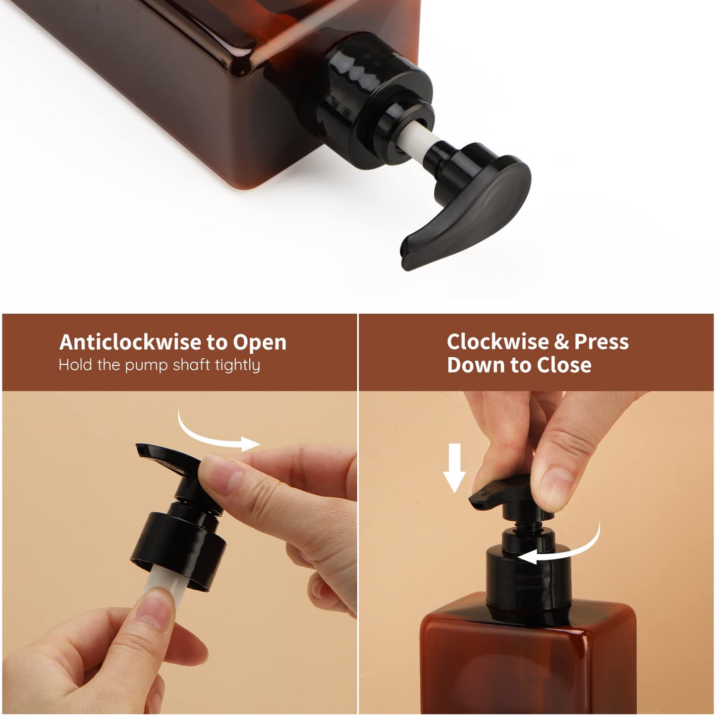 Segbeauty Shampoo Bottles, 3pcs 16.9oz 500ml Refillable Pump Dispenser with Labels, Empty Reusable Plastic Press Bathroom Hotel Shower Containers for Shampoo Conditioner Body Soap Hand Soap Gel Amber