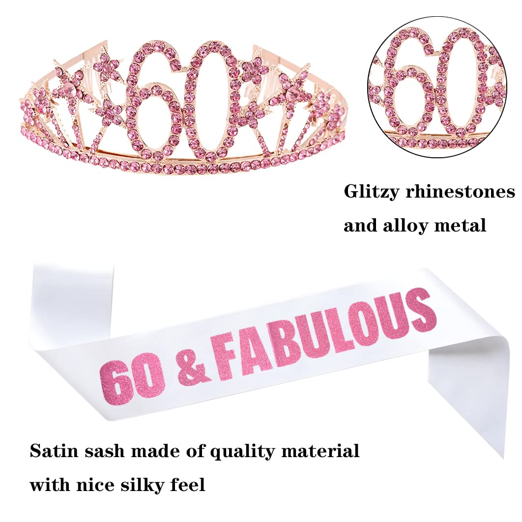 Happy 60th Birthday Tiara and Sash Gifts Crystal Rhinestone Princess Crown Birthday Queen Party Favor Supplies Pink Crowns White Sash