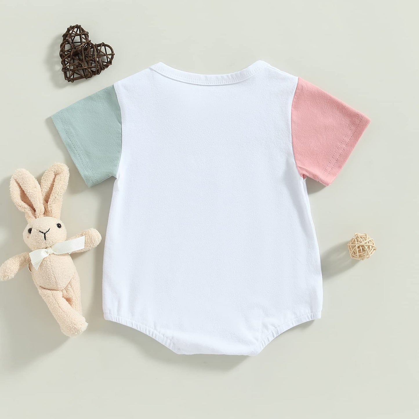 DOSYZTO Baby Girl Boy Easter Romper Outfit Block Color Short Sleeve Oversized Bodysuit Tops One Piece Summer Clothes (Rabbit Romper,12-18 Months)