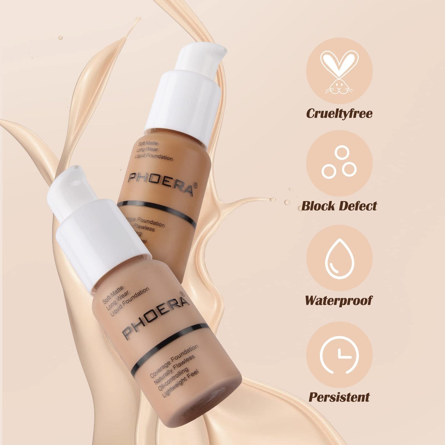 PHOERA Foundation Makeup Naturally Liquid Foundation Full Coverage Mattle Oil-Control Concealer 8 Colors Optional,Great Choice For Gift (#101 Porcelain(2pcs))