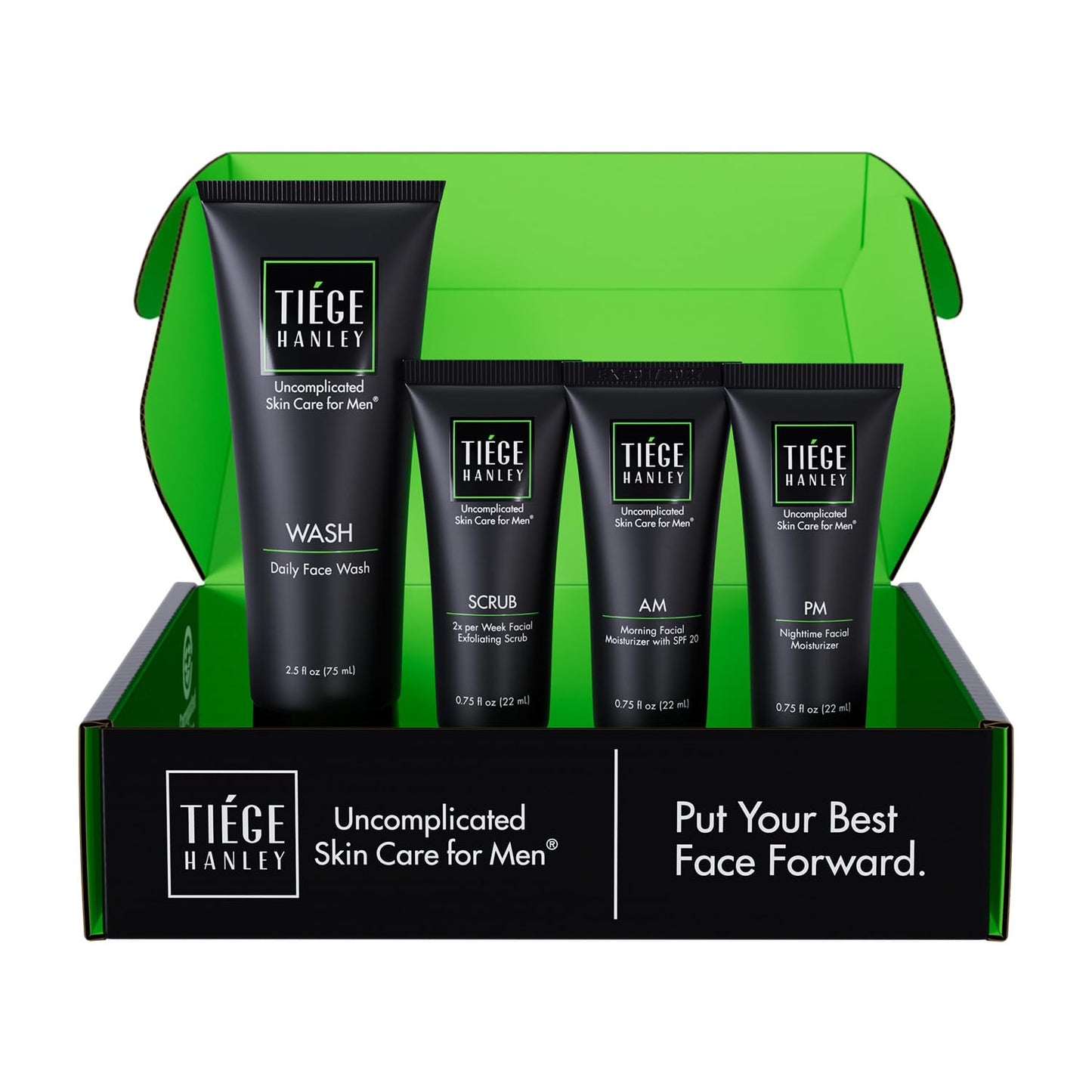 Tiege Hanley Skin Care Set for Men - Essential Daily Routine | 4-Piece Kit with Face Wash, Scrub, Moisturizer & Night Cream