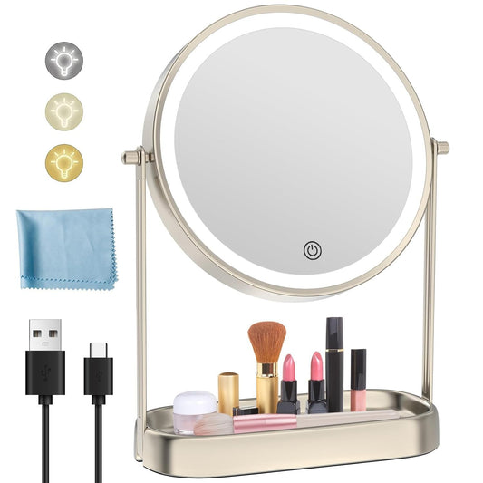 FASCINATE 10X Lighted Makeup Mirror with Storage, Rechargeable Magnifying Mirror with Lights 8", Brightness Adjustable, Double Sided 360°Rotation, Table Vanity Mirror 3 Color with Magnification