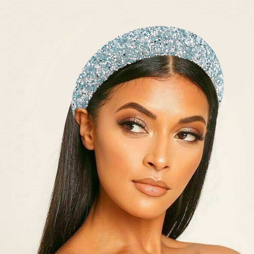 AHONEY 2 Pack Rhinestone Headband Women Girls Thick Padded Headband, Sequin Beaded Pearls Head Band Glitter Cute Headband Birthday Prom Hair Accessories For Women Girls (Silver&Blue)