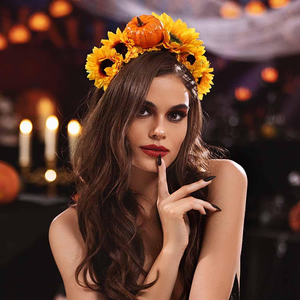 Woeoe Day of The Dead Floral Headband Pumpkin Sunflower Halloween Flower Crown Hairband Festival Costume Party Mexican Floral Headpiece Headdress