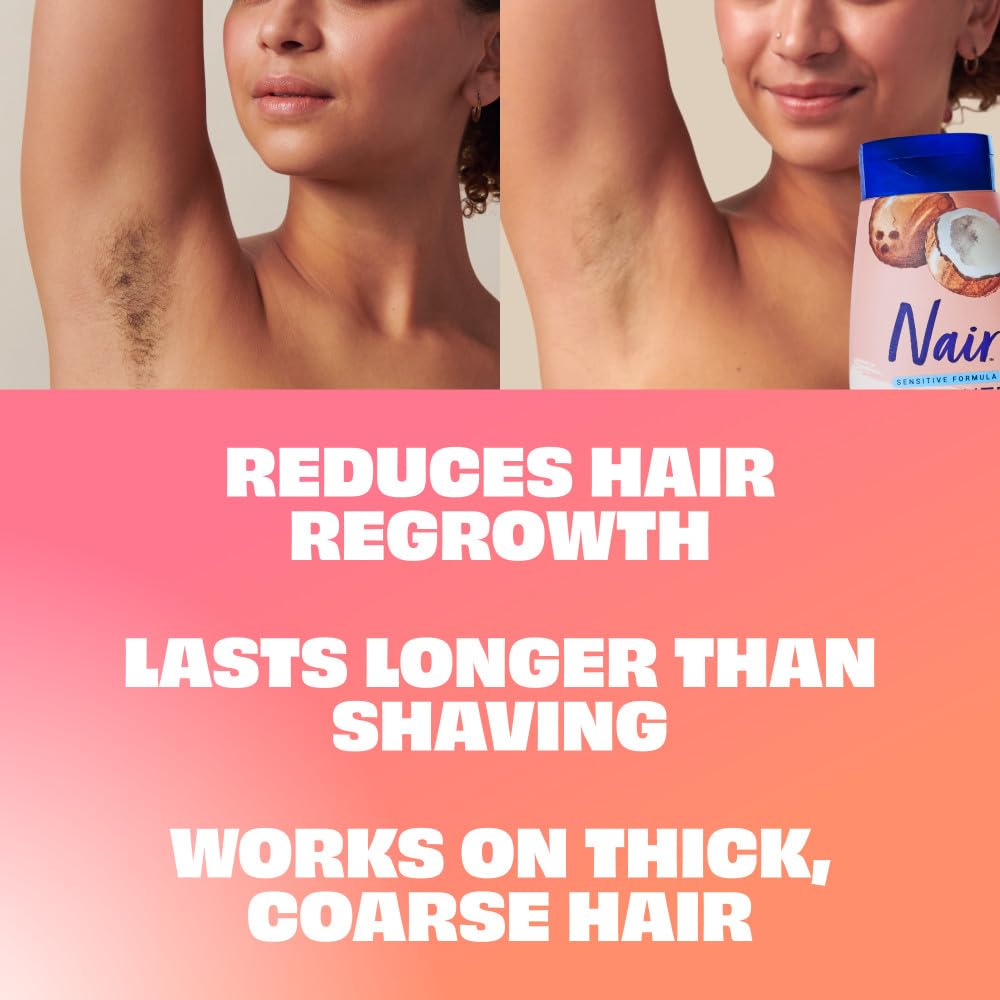 Nair Sensitive Shower Cream Hair Remover with Natural Coconut Oil and Vitamin E, Body Hair Removal Cream for Women, 12 oz