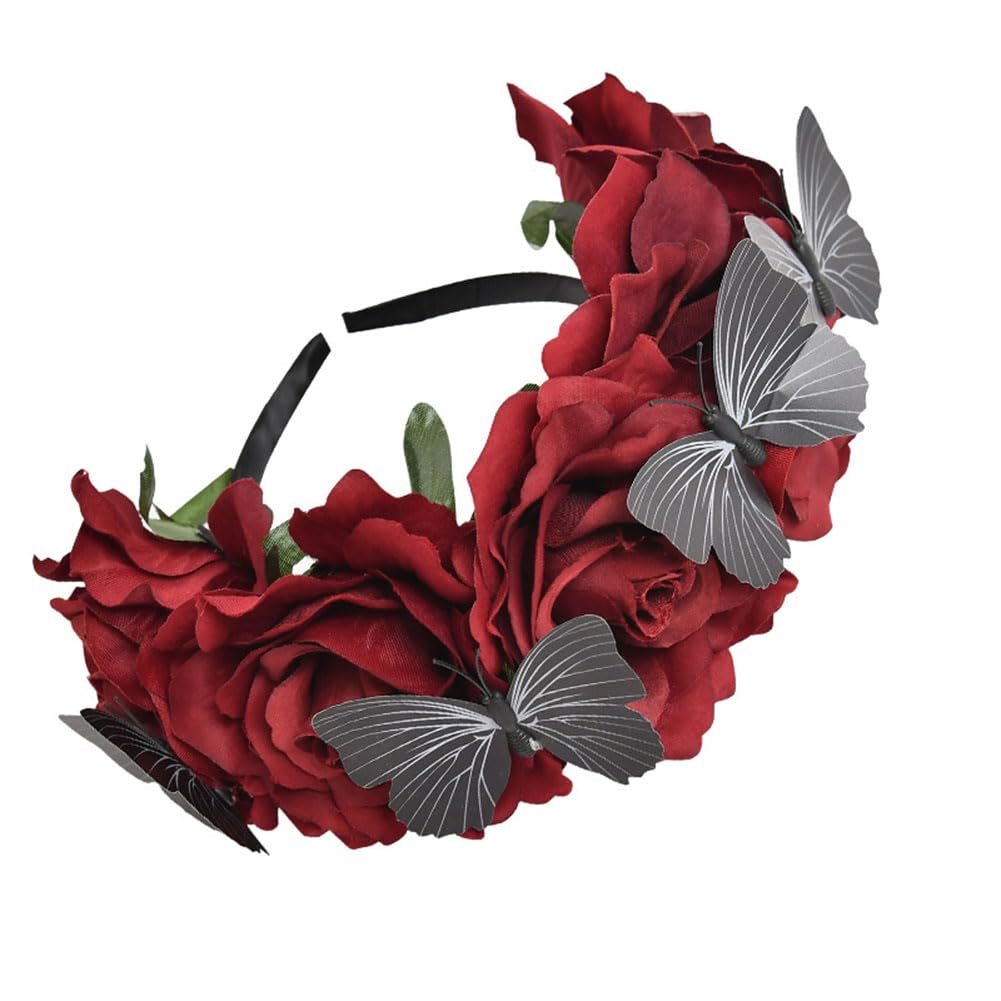 Flower Crown Headband Halloween Gothic Red Rose Floral Hair Wreath Tiara Queen Bridal Headpieces Hair Hoop for Women Girls