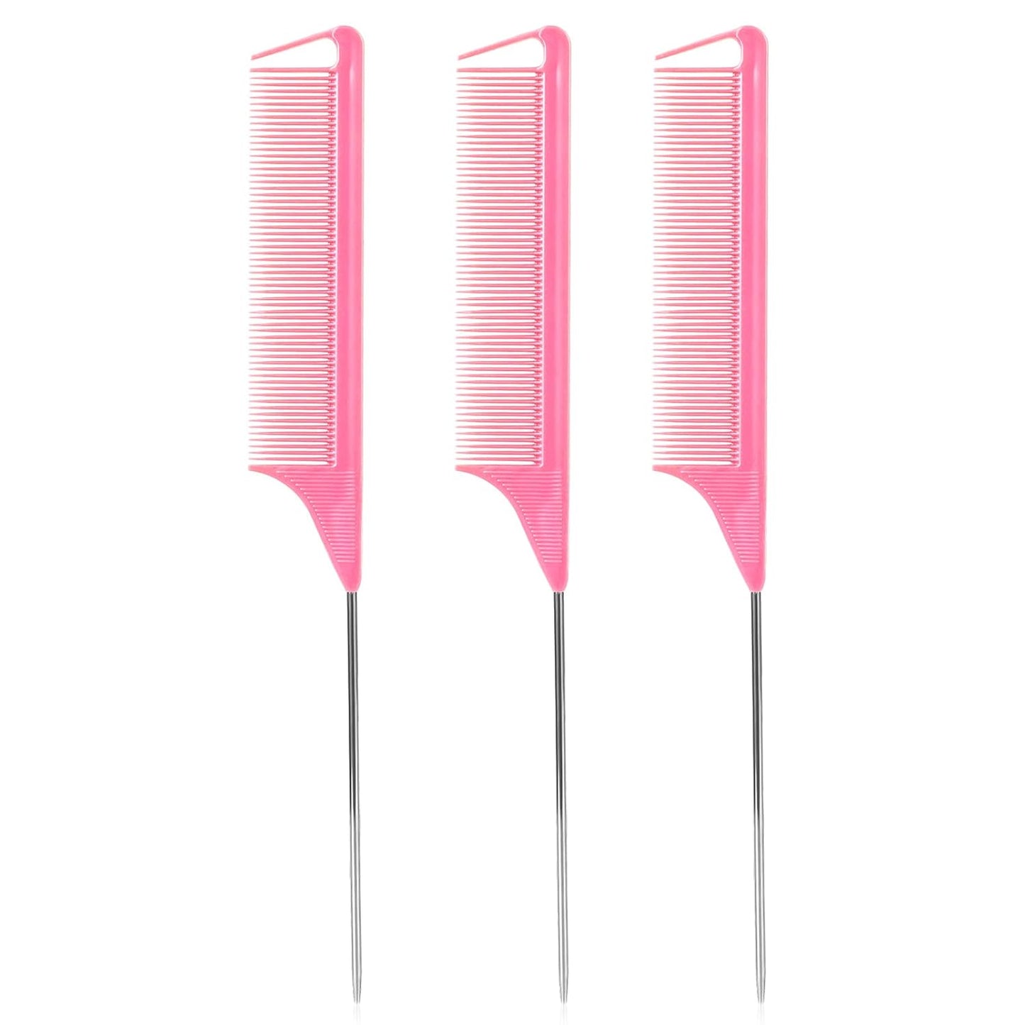 Rat Tail Combs Set: 3-Pack Teasing Styling Combs with Long Steel Pins for Women, Parting Combs for All Hair Types (Black)