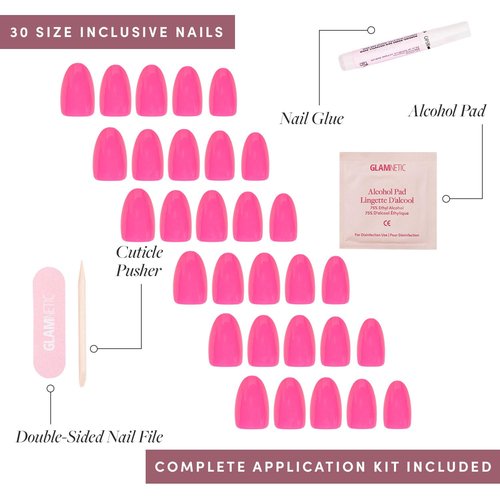 Glamnetic Press On Nails - Hot Pink | Opaque Bright Neon Pink Short Oval Fake Nails, Salon Quality | 15 Sizes - 30 Nail Kit with Glue