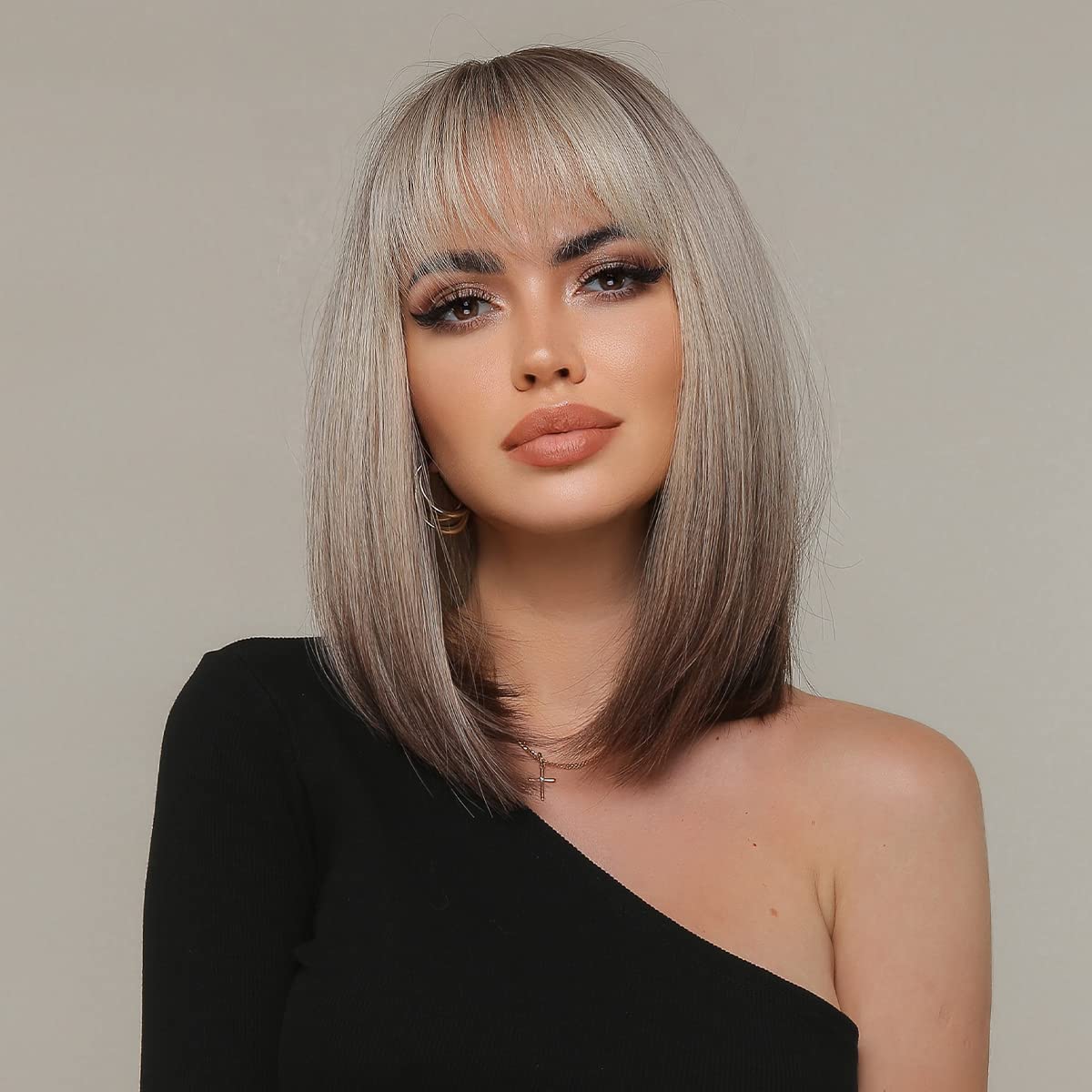 BERON Brown Blonde Ombre Wig for Women Ombre Brown Blonde Bob Wig Short Straight Brown Blonde Ombre Wig with Bangs Dark Roots Gray Synthetic Heat Resistant Wig Cap Included