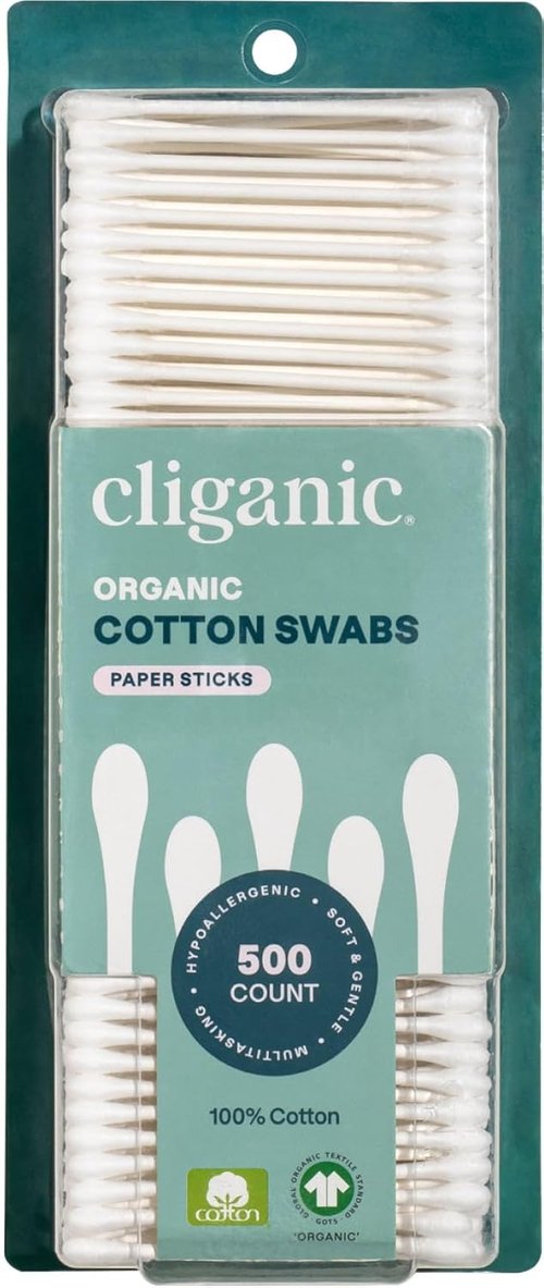 Cliganic Organic Cotton Swabs - 100% Pure Natural Cotton, Hypoallergenic & Chlorine-Free | 500 Count