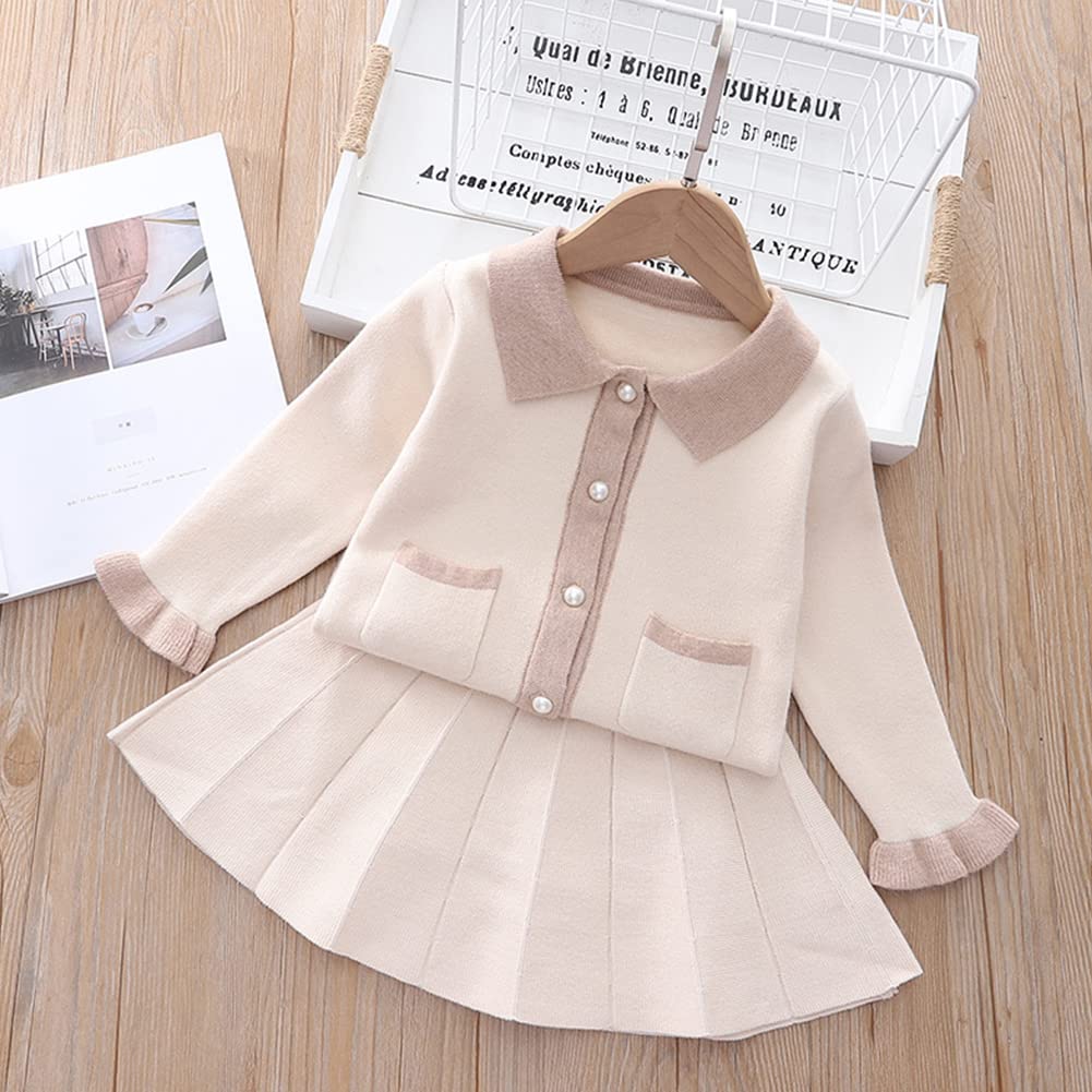 Toddler Girls Autumn Winter Fall Clothes Knit Long Sleeve Ruffle Sweater Top+Pleated Mini Tutu Skirt 2pcs Outfit for Kids Princess Casual Playwear Homewear Clothing Set Beige 5-6X