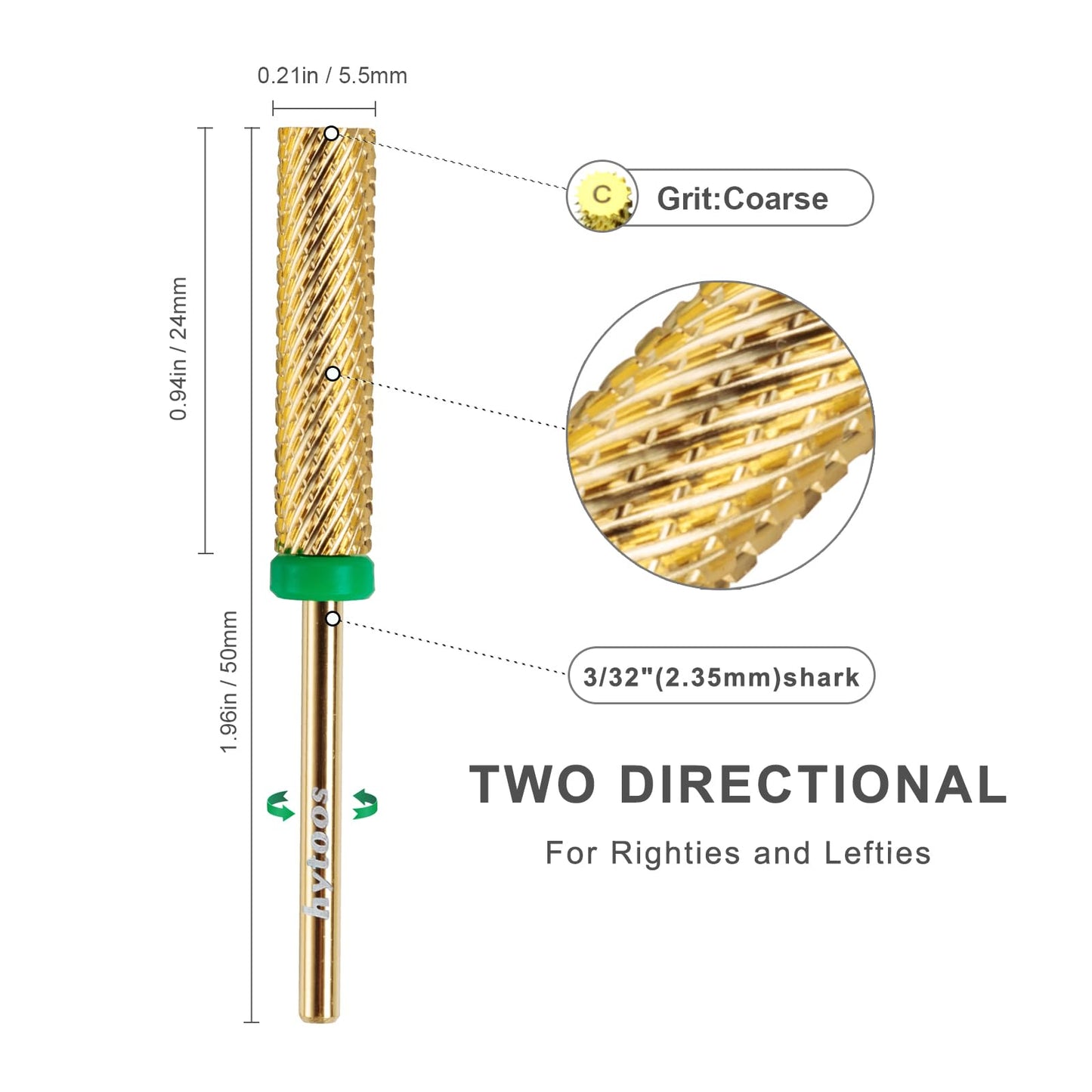 HYTOOS Super Long Nail Drill Bits, 24mm Gold Flat Top Barrel Carbide Nail Bit, 3/32" Two-way Rotate Drill Bits for Nails, Electric Drill Accessories, Remove Acrylic Nail Art Gel, C