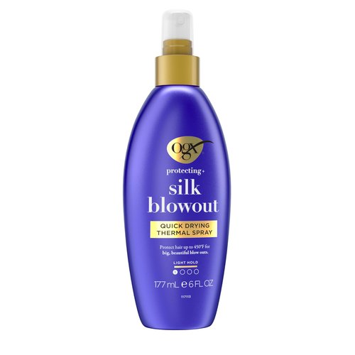 OGX Protecting + Silk Blowout Quick Drying Thermal Protection Spray, Heat Protectant Spray Shields Hair up to 450°F For Soft, Shiny Hair and Big, Beautiful Blowouts, Light Hold, 6 fl. oz