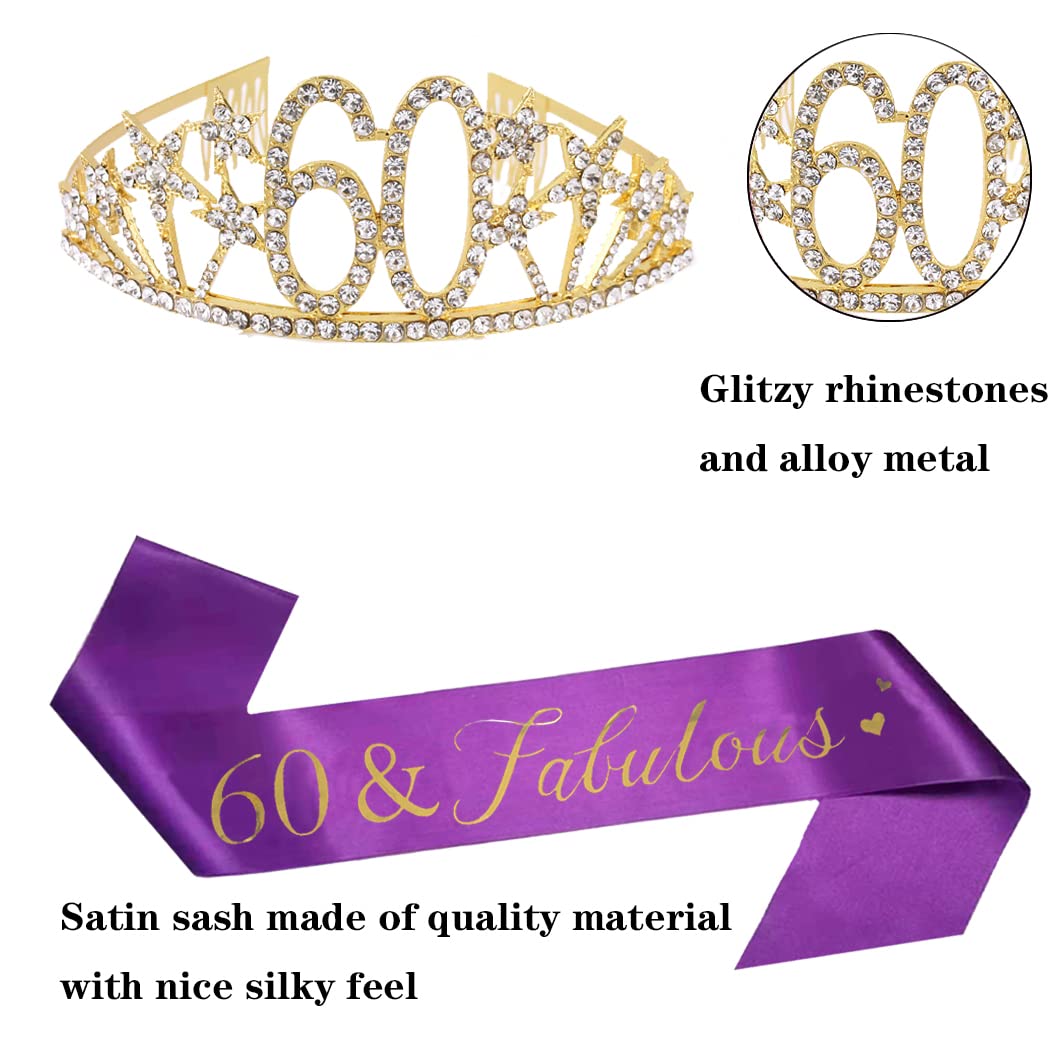 Happy 60th Birthday Tiara and Sash Gifts Crystal Rhinestone Princess Crown Birthday Queen Party Favor Supplies Gold Crowns Purple Sash