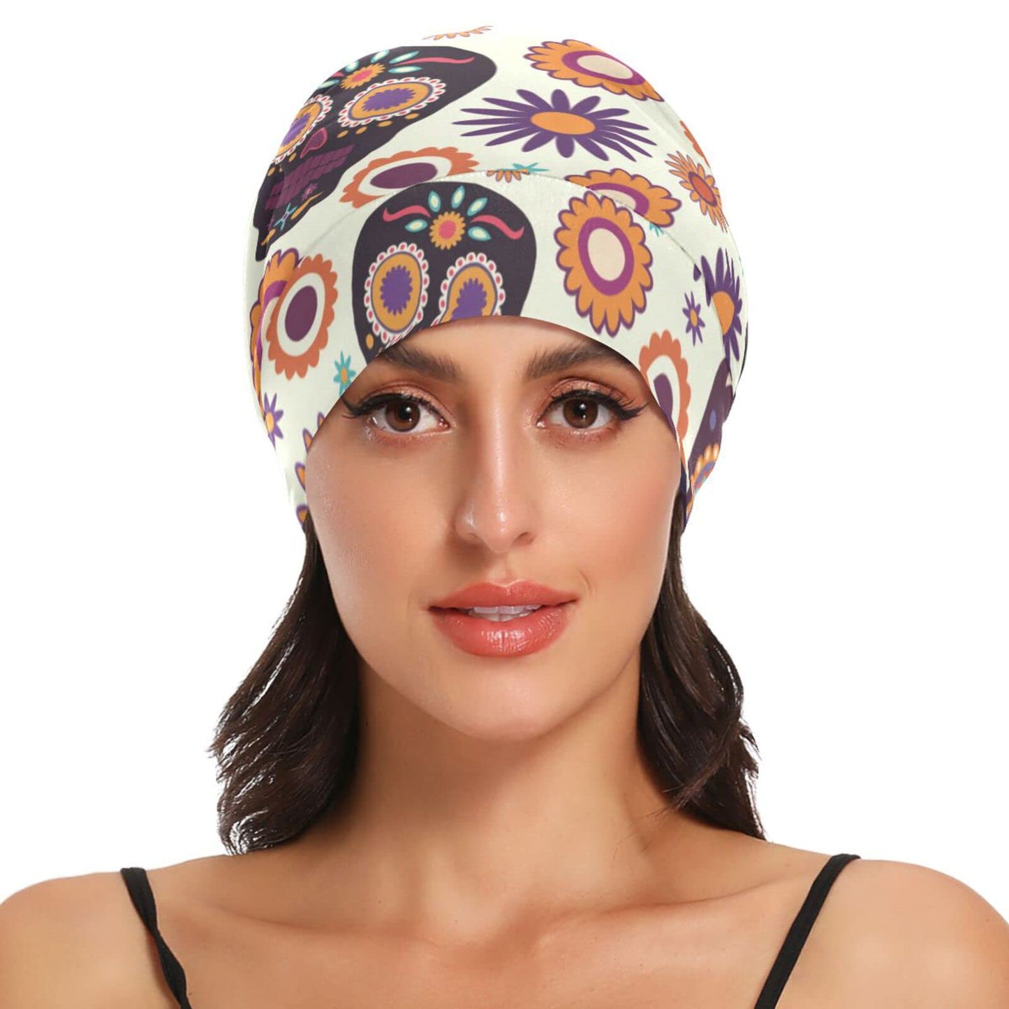 ElliTarr Satin Bonnet Lined Sleep Cap Hair Wrap Cover Slouchy Beanie for Curly Hair Protection for Gifts for Men Women Cute Skull Halloween