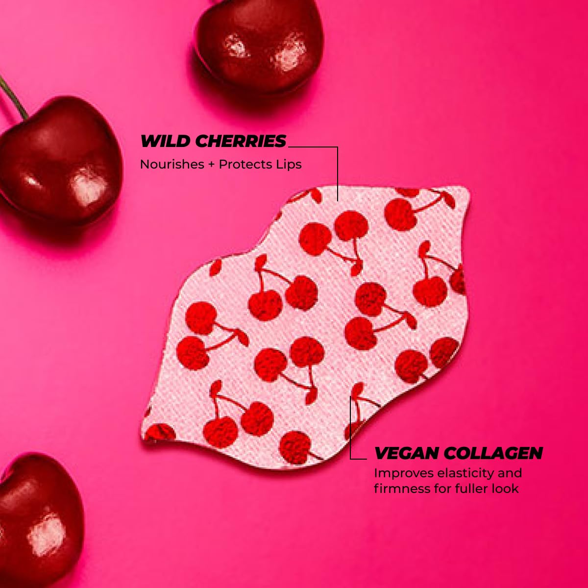 Vitamasques Lip Mask - 3-Pack Cherry Vegan Collagen Sheets for Dry, Chapped Lips | Nourishing & Hydrating with Wild Cherries & Hyaluronic Acid