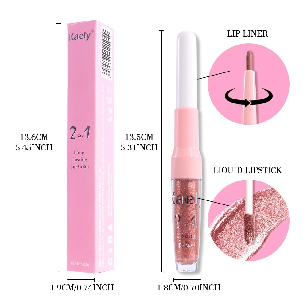 Kaely 2-in-1 Rose Gold Metallic Lipstick & Lip Liner - Long-Lasting, Waterproof Shimmer | Vegan Makeup, 04