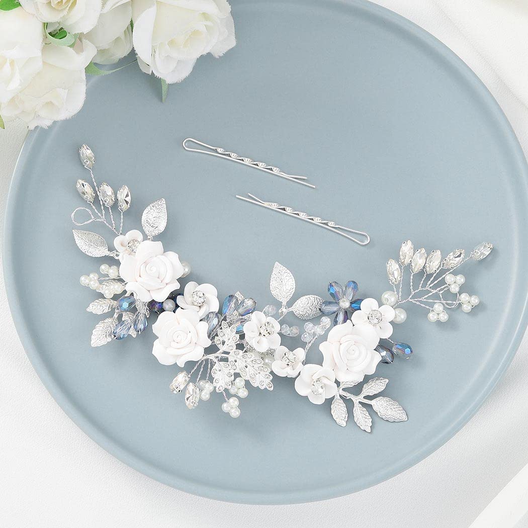 Gorais Flower Bride Wedding Hair Vine Blue Rhinestone Bridal Hair Accessories Silver Crystal Wedding Headpiece Leaf Hair Piece for Women and Girls