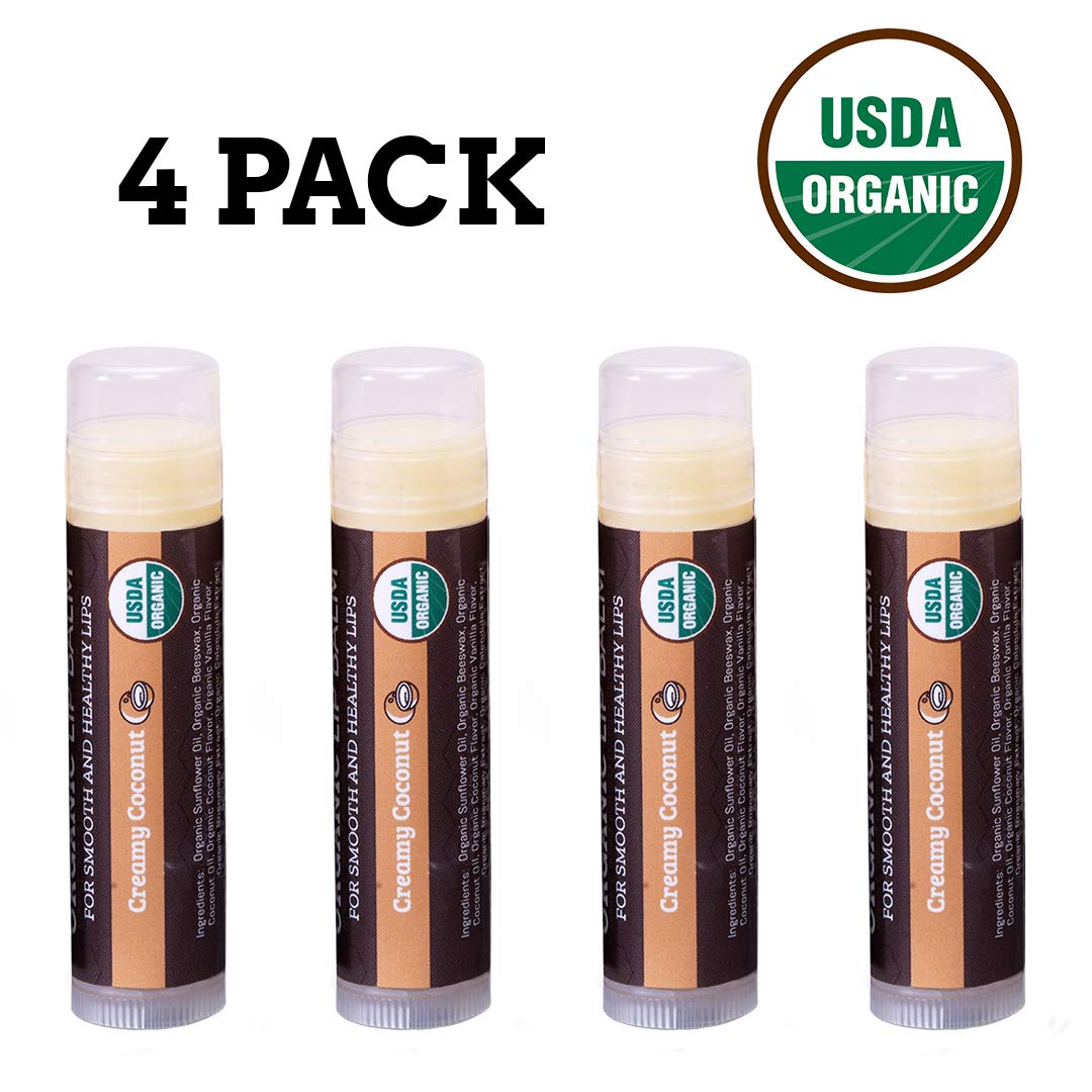 Earth's Daughter USDA Organic Lip Balm - Creamy Coconut Flavor | Beeswax & Vitamin E for Dry Lips - 4-Pack