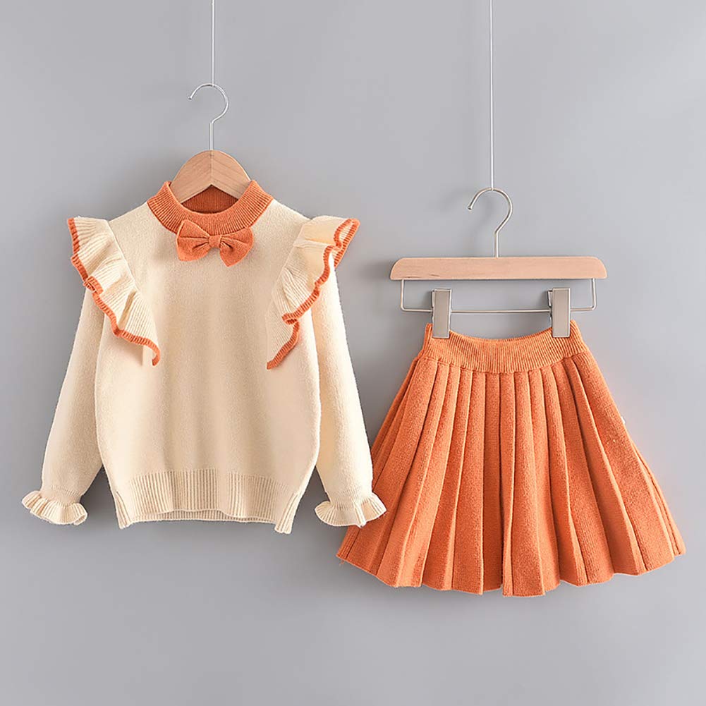 Toddler Baby Girls Autumn Winter Clothes Crochet Knitted Button up Long Sleeve Ruffle Bowknot Sweater Tops+Pleated Mini Tutu Skirt 2pcs Outfit Princess Dress up Costume for Kids Orange 3-4 Years