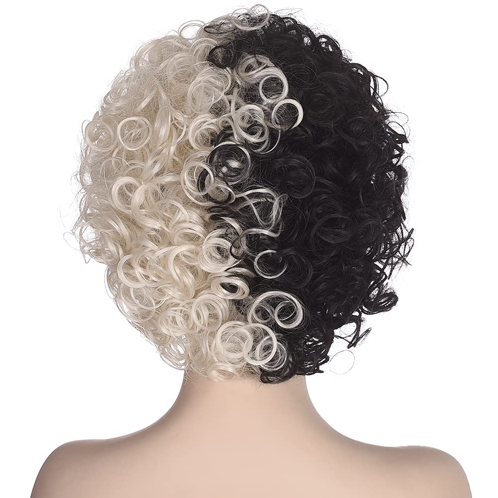 AMZCOS Black and Blonde Wig for Womens Cosplay Costume Short Curly Fluffy Synthetic Wigs for Halloween Party