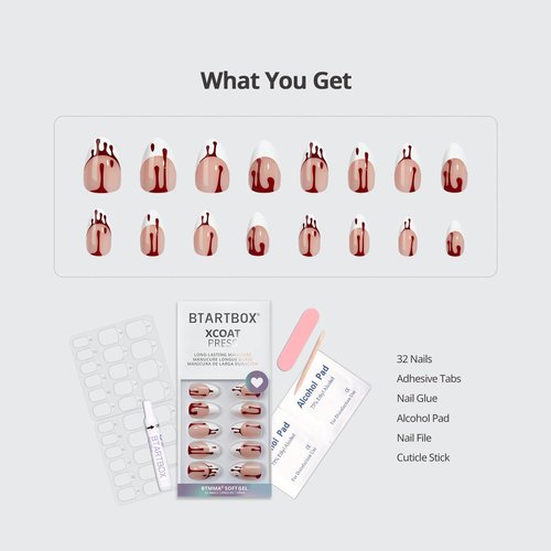 BTArtbox French Tips Press On Nails - Blood Drip, Bloody Short Almond Halloween Press On Nails with Glue for Women, Soft Gel Glue On Nails in 16 Sizes - 32 Stick On Nails Kit