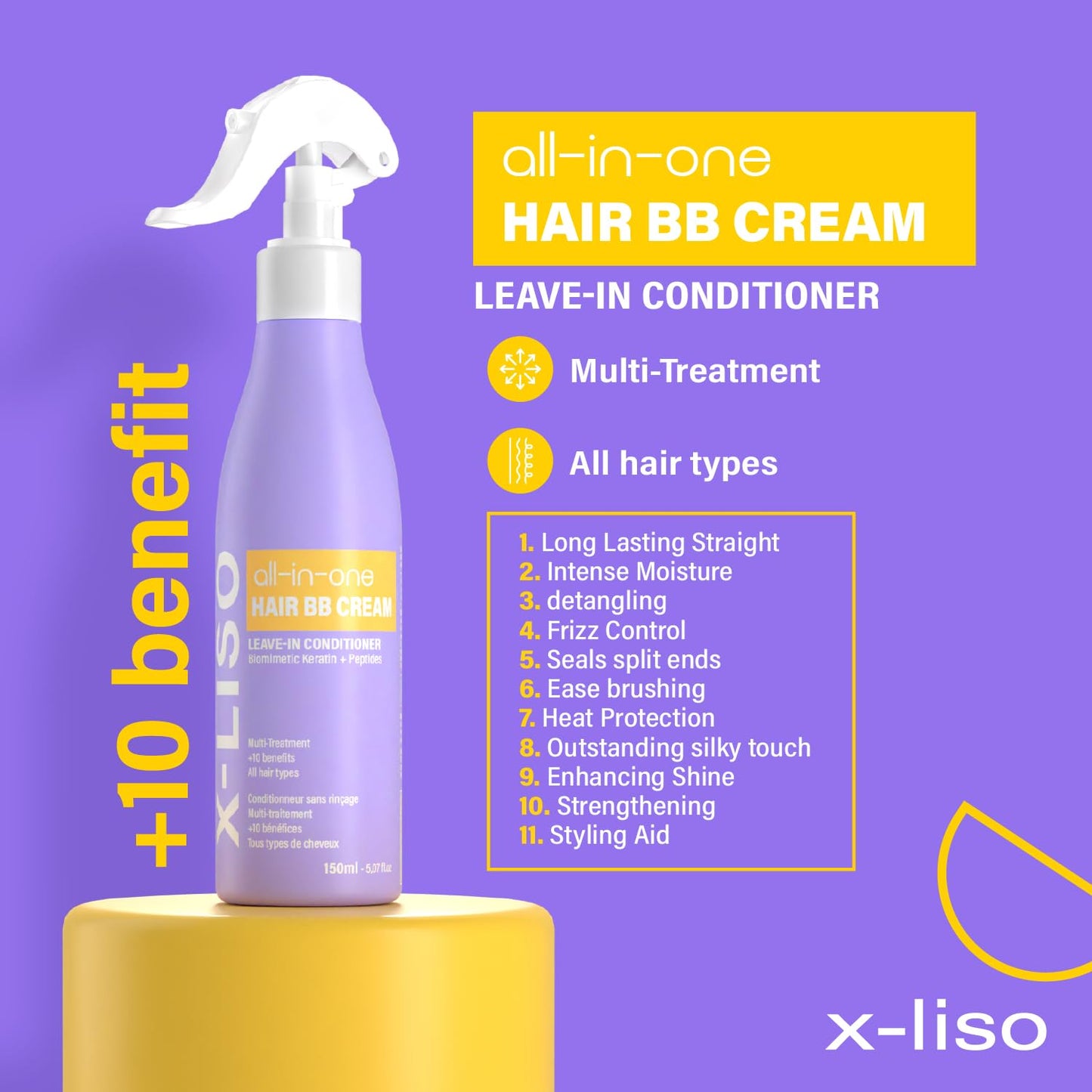X-LISO All-in-One Hair Conditioner BB Cream Leave-In Conditioner Spray – Hair Detangler with Keratin & Peptides – Anti Frizz & Heat Protectant for Hair – 11 Benefits in 1 for All Hair Types