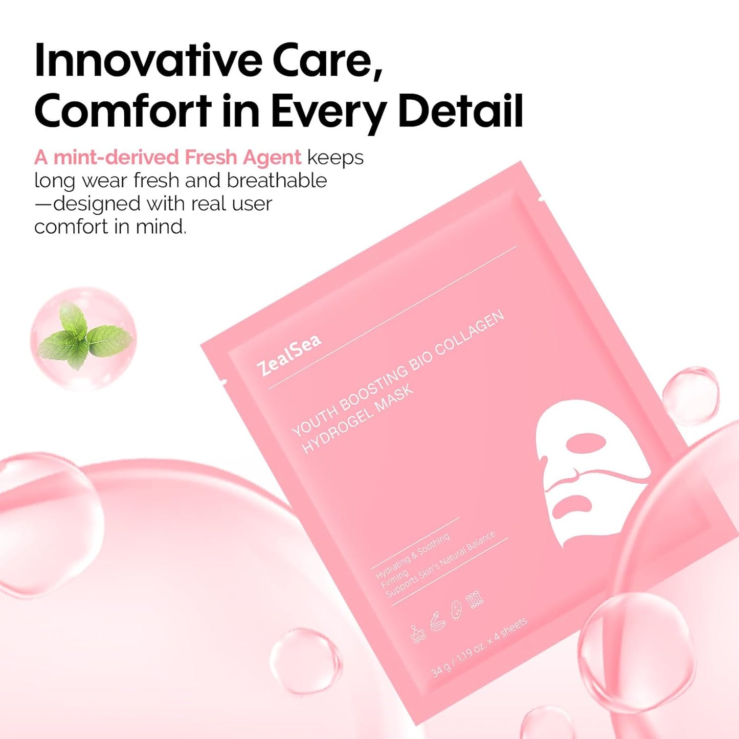 ZealSea Bio Collagen Hydrogel Face Mask - Overnight Jelly Sheet for Deep Hydration & Firming | 4 Pack