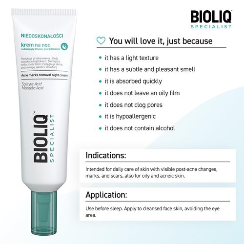 Bioliq - Specialist Acne Marks Removal Night Cream - with Salicylic Acid, Mandelic Acid, and Tamanu Oil, Reduces Scars and Discoloration - 30 ml