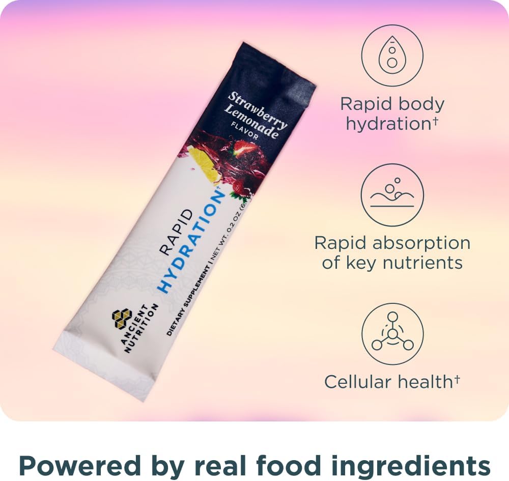 Ancient Nutrition Rapid Hydration Powder - Strawberry Lemonade Flavor | Natural Electrolytes for Optimal Body Hydration - 15 Servings
