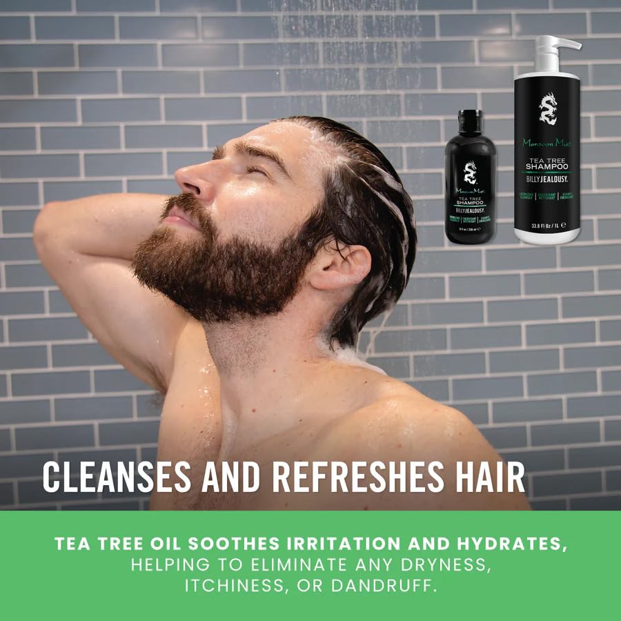Billy Jealousy Monsoon Mist Shampoo - Energizing Tea Tree Formula with Peppermint & Rosemary, 8 Oz.