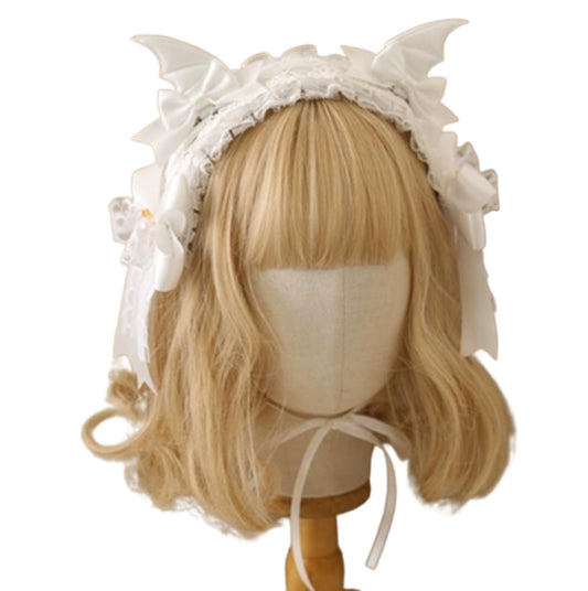 CoBtee Gothic Lolita Headdress Lace Devil Horns Cosplay Headbands Hair band Hair Accessories Headwear Halloween Party (bat Headbands/white)