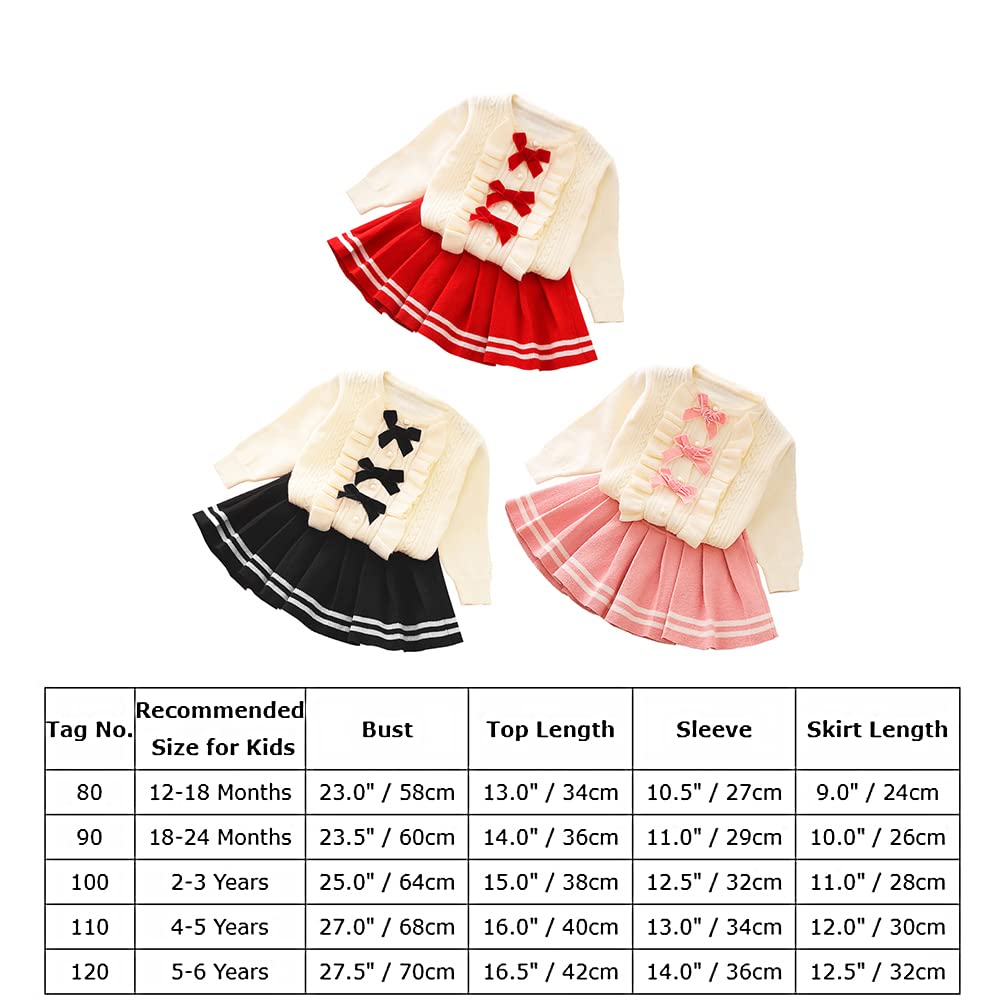 Toddler Baby Girls Autumn Winter Fall Clothes Knit Long Sleeve Ruffle Sweater Top+Pleated Mini Tutu Skirt 2pcs Outfit for Kids Princess Casual Playwear Homewear Clothing Set Pink-Bow 2-3T