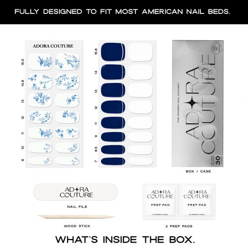 Adora Couture Semi Cured Gel Nail Strips with 30 Pieces, Salon Quality Nail Wraps for Women, Classic Blue Porcelain with White Glaze UV Gel Nail Stickers, UV Light Required, Porcelain