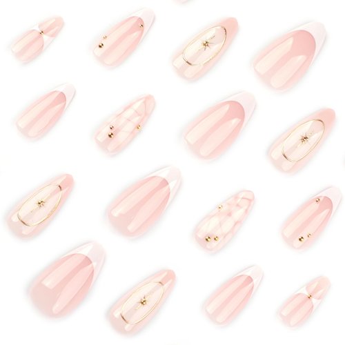 Mivota French Press On Nails Almond Medium, Fall Fake Nails Adorned with White Petal Accents and 3D Gold Lines Design, Glossy Gel Finish Acrylic Nails, Reusable Glue On Nails for Women, 24Pcs