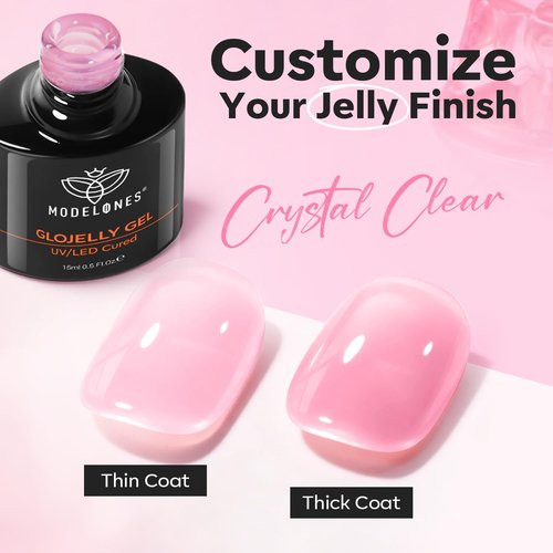modelones Builder Nail Gel Top Coat, 15 ML No Wipe Ultra Gloss Jelly Pink Gel Polish Apex Building Nails Strengthening Extension Sheer Blush Color Nail Art Long Lasting Soak Off U V Manicure Gift
