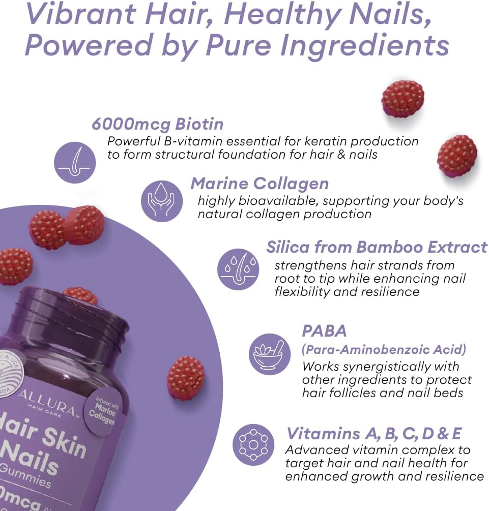 Skiennix Hair Skin and Nails Vitamins - Extra Strength 6000mcg Biotin Gummies with Marine Collagen & Vitamins | 60ct Passion Fruit