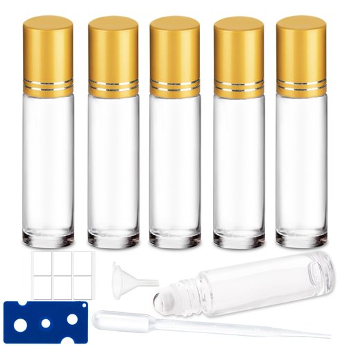 6 Pack Essential Oil Roller Bottles - 10ml Clear Glass with Stainless Steel Roller Balls, Includes Labels, Openers, Funnels, Dropper