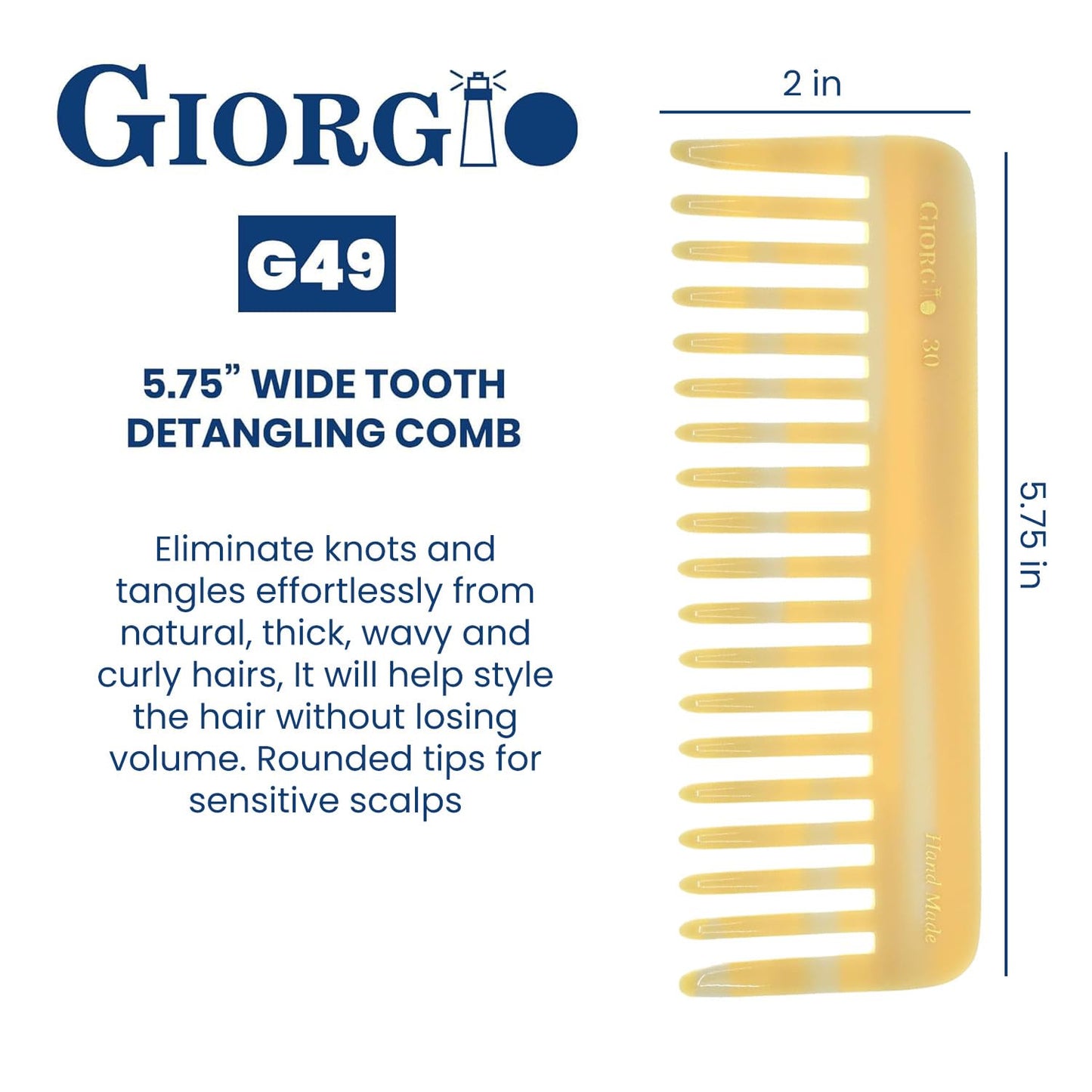 Giorgio G49 Yellow Tokio, Large Hair Detangling Comb, Wide Teeth for Thick Curly Wavy Hair, Detangler Comb For Wet and Dry, Handmade of Quality Cellulose, Saw-Cut, Hand Polished