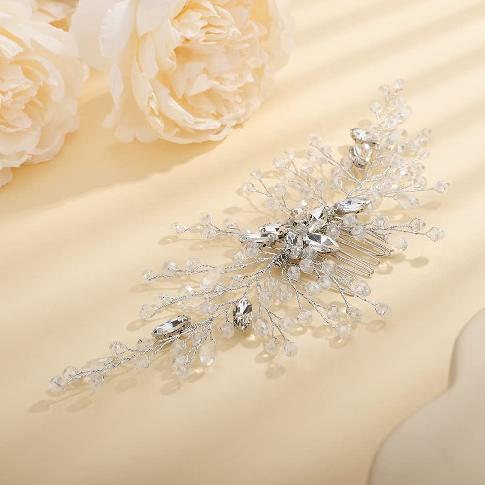 Teyglen Women Rhinestones Flower Bride Wedding Hair Comb Headband Handmade Hair Pieces Hair Accessories Shiny Crystals Bridal Side Hair Combs for Women Bride Girls (Silver)