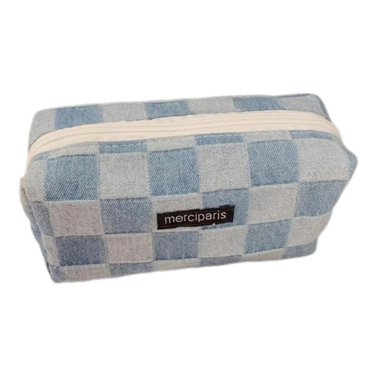 Cosmetic Bags for Women Makeup Bag Large Capacity Purse Travel Toiletry Zipper Storage Pouch Make up Brushes Organizer for Gifts (Checkered, Denim Blue)
