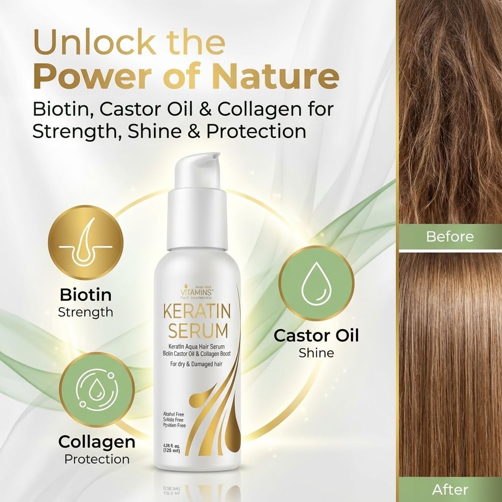 VITAMINS Keratin Hair Serum Oil - Anti-Frizz Treatment for Dry, Damaged Hair with Biotin & Castor Oil | 4.25 fl oz