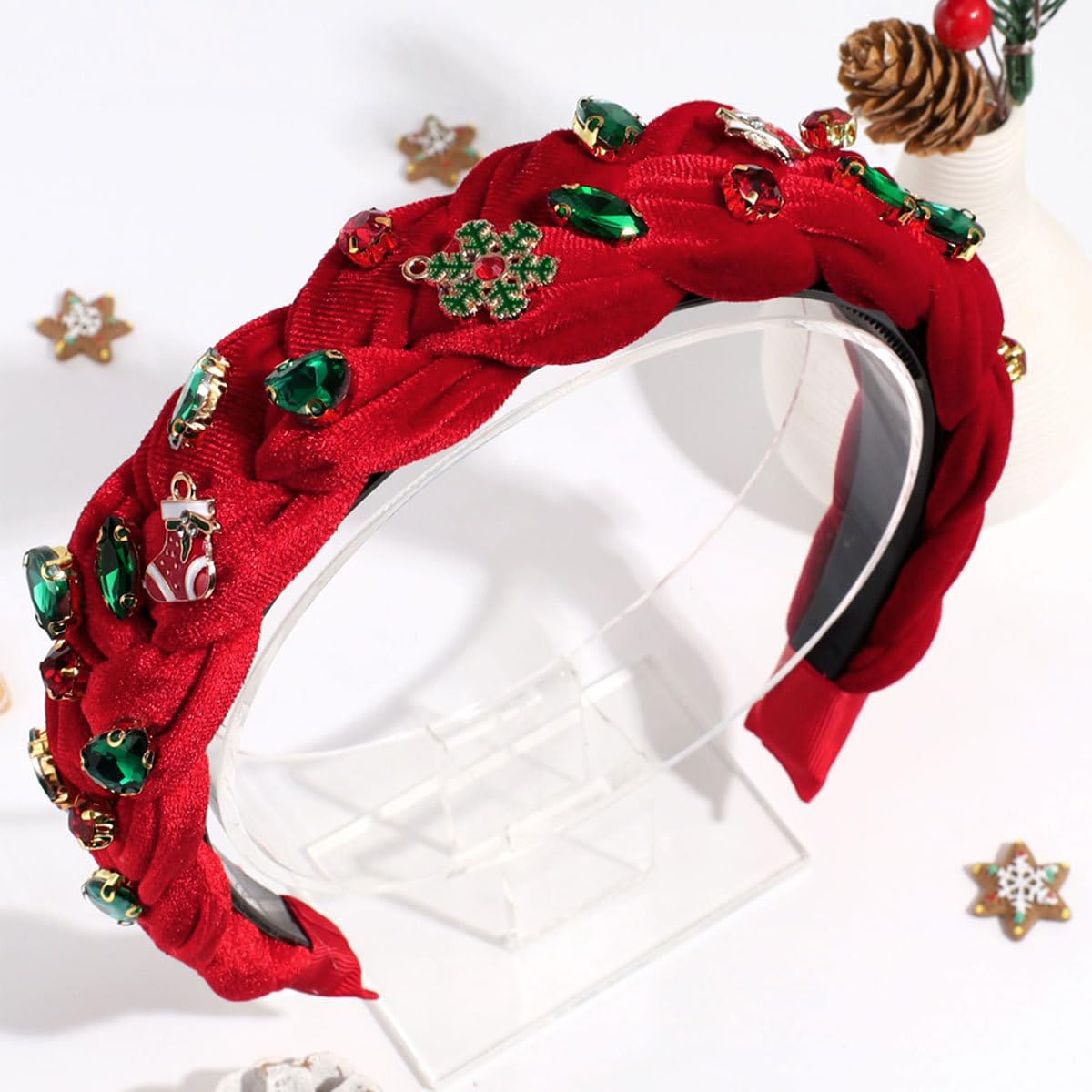 Yoolhamy Christmas Headband for Women Braided Crystal Jeweled Hair Band Xmas Plaid Top Knotted Rhinestone Headbands