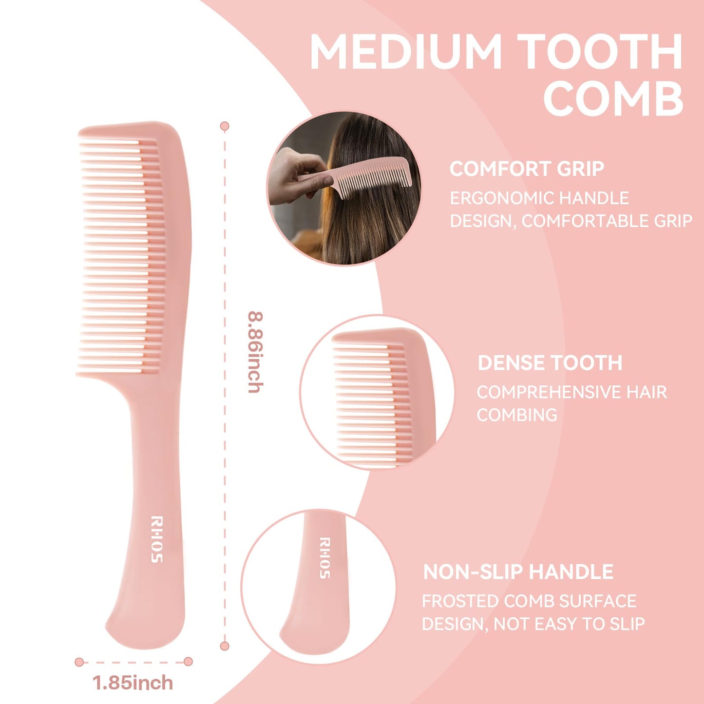 RHOS 3 Pieces Hair Comb Set for Women,Men-Wide Tooth Comb,Fine Tooth Rat Tail Comb,Medium Tooth Comb-Detangling Hair Combs for All Hair Types,Hair Styling Comb Set(Pink)