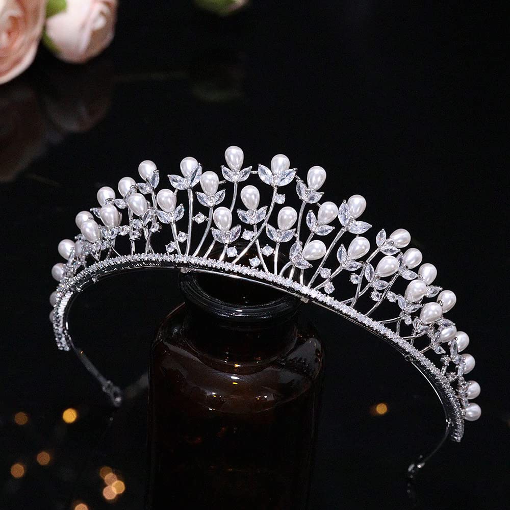 Aoligrace Luxury Cubic Zirconia Pearls Wedding Tiaras and Crowns for Women Fairy Bridal Headwear Birthday Party Hair Jewelry